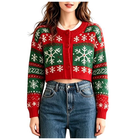 QGJZVUNL Christmas Cardigan Sweaters for Women Long Sleeve Cropped Sweater Fall Winter Fashion Outfits Size L
