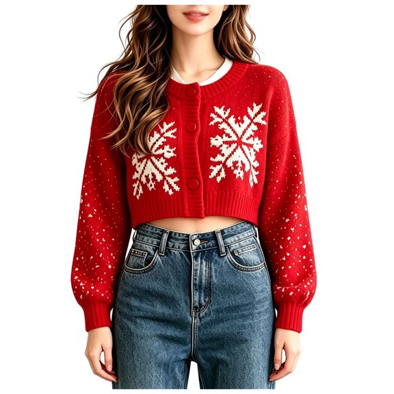 QGJZVUNL Christmas Cardigan Sweaters for Women Long Sleeve Cropped Sweater Fall Winter Fashion Outfits Size S