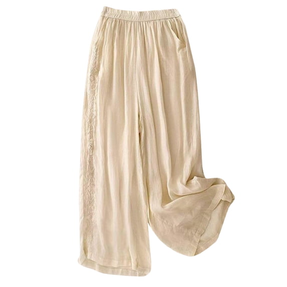 QGJZVUNL Cotton Pants for Women with Pockets Embroidered Wide Leg Trousers Casual Lounge Pants Size L