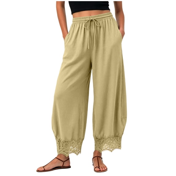QGJZVUNL Lace Trim Wide Leg Pants for Women High Waisted Palazzo Pants Drawstring Sweatpants with Pockets Size L