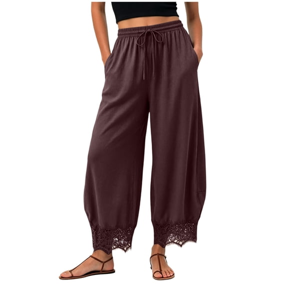 QGJZVUNL Lace Trim Wide Leg Pants for Women High Waisted Palazzo Pants Drawstring Sweatpants with Pockets Size S
