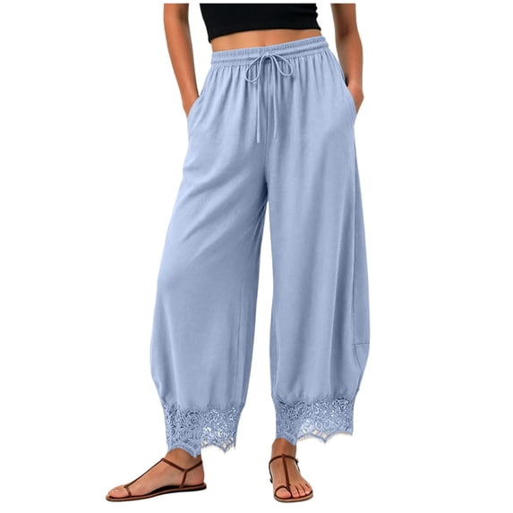 QGJZVUNL Lace Trim Wide Leg Pants for Women High Waisted Palazzo Pants Drawstring Sweatpants with Pockets Size S