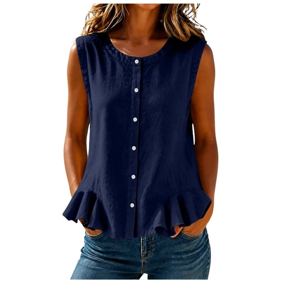 QGJZVUNL Ruffle Crewneck Tank Tops for Women with Buttons Summer Clothes Casual Sleeveless Vest Top Size L