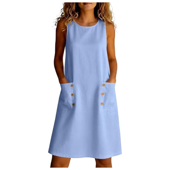 QGJZVUNL Sleeveless Crewneck Dresses for Women Casual Summer Outfits Cotton Linen Midi Dress with Pockets Size M