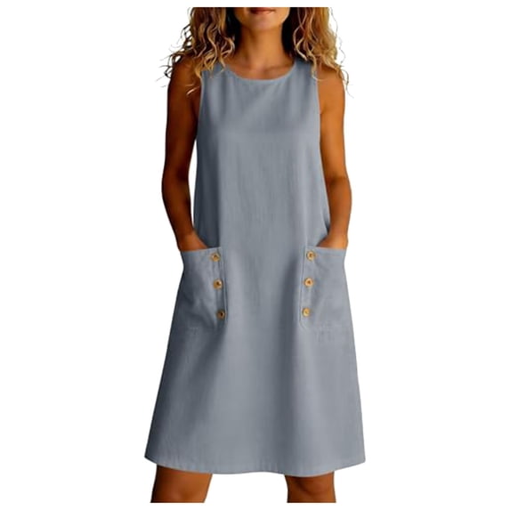 QGJZVUNL Sleeveless Crewneck Dresses for Women Casual Summer Outfits Cotton Linen Midi Dress with Pockets Size M