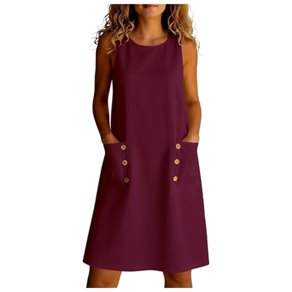 QGJZVUNL Sleeveless Crewneck Dresses for Women Casual Summer Outfits Cotton Linen Midi Dress with Pockets Size S