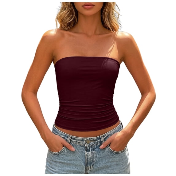 QGJZVUNL Sleeveless Womens Summer Tops Strapless Cropped Tube Tops Basic Backless Summer Clothes Size S