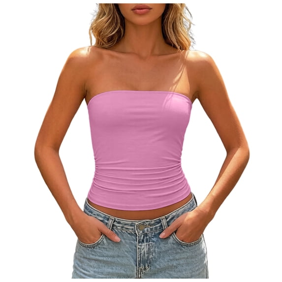 QGJZVUNL Sleeveless Womens Summer Tops Strapless Cropped Tube Tops Basic Backless Summer Clothes Size S