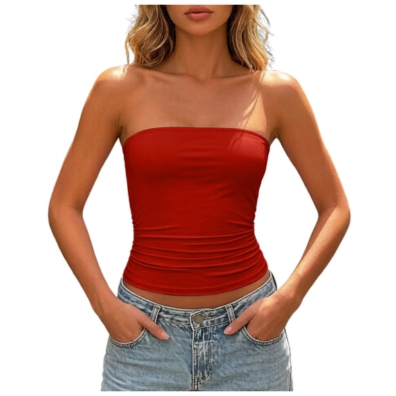 QGJZVUNL Sleeveless Womens Summer Tops Strapless Cropped Tube Tops Basic Backless Summer Clothes Size S