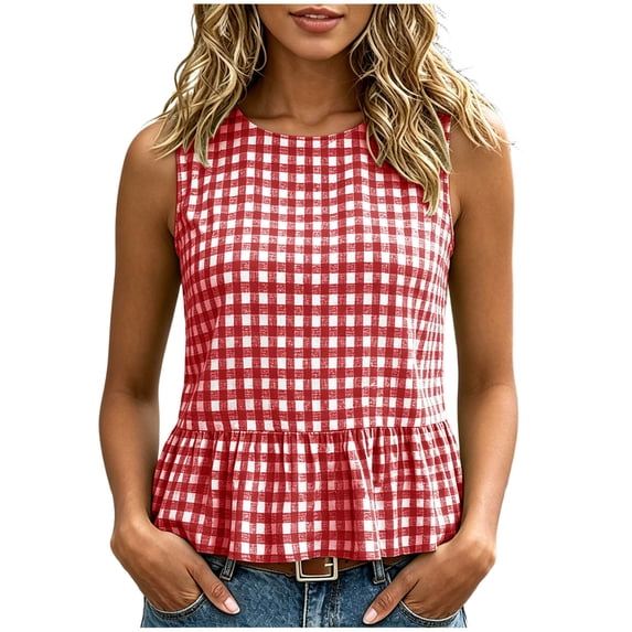 QGJZVUNL Women Gingham Sleeveless Shirts Crewneck Tank Tops Business Casual Outfits Baggy Vest Top Size 2XL