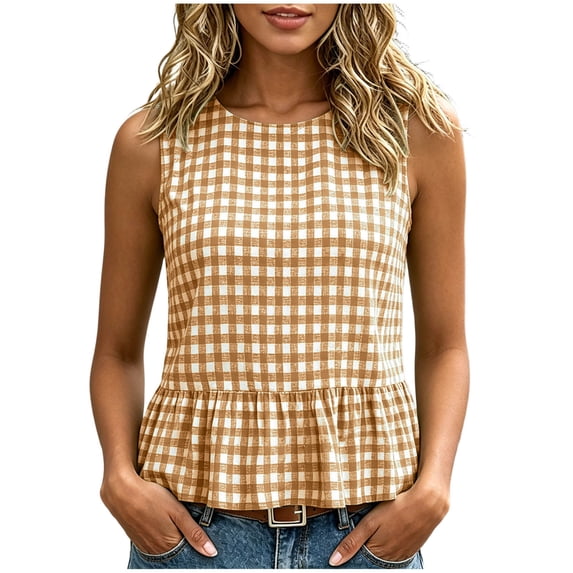 QGJZVUNL Women Gingham Sleeveless Shirts Crewneck Tank Tops Business Casual Outfits Baggy Vest Top Size L