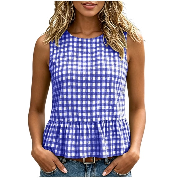 QGJZVUNL Women Gingham Sleeveless Shirts Crewneck Tank Tops Business Casual Outfits Baggy Vest Top Size S