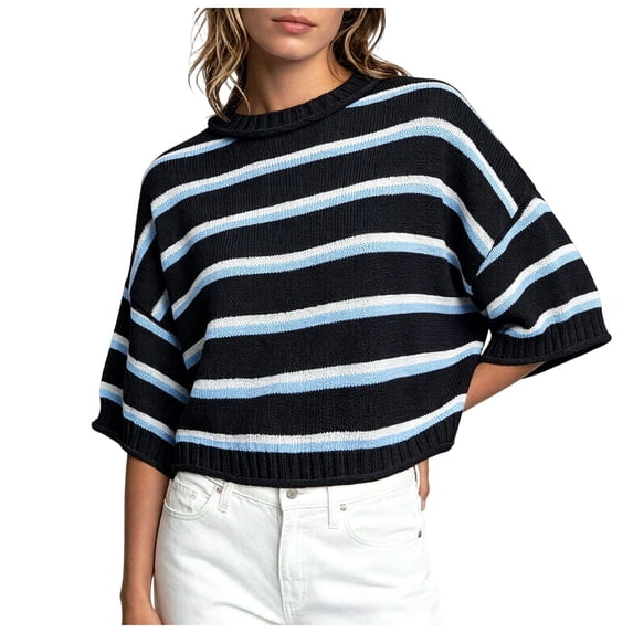 QGJZVUNL Women's Fall Pullover Sweaters Long Sleeve Crewneck Knitted Tops Baggy Striped Sweaters Size L