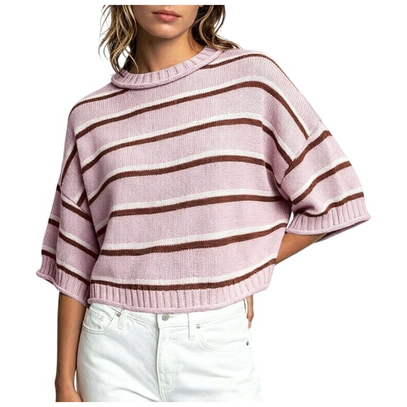 QGJZVUNL Women's Fall Pullover Sweaters Long Sleeve Crewneck Knitted Tops Baggy Striped Sweaters Size M