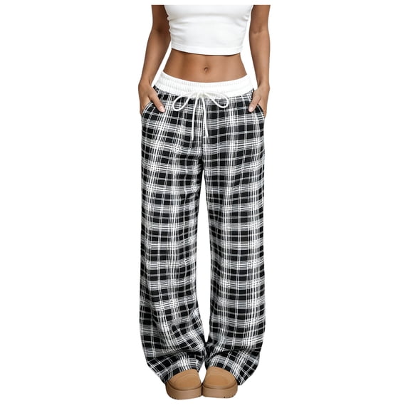 QGJZVUNL Women's Plaid Checkered Pants Baggy Sweatpants with Pockets Wide Leg Pajama Pants Size L