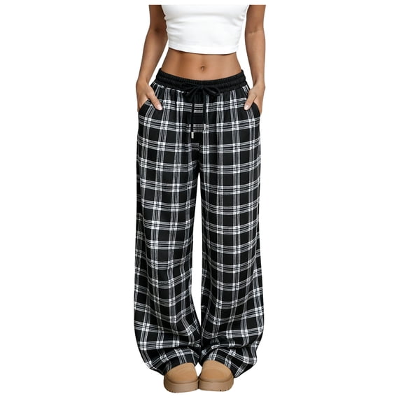 QGJZVUNL Women's Plaid Checkered Pants Baggy Sweatpants with Pockets Wide Leg Pajama Pants Size XL