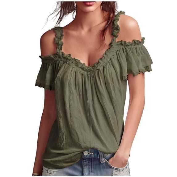 QGJZVUNL Womens Cold Shouler Going Out Tops Flowy Sleeve Tank Top Summer Outfits Casual V Neck T Shirts Size 2XL
