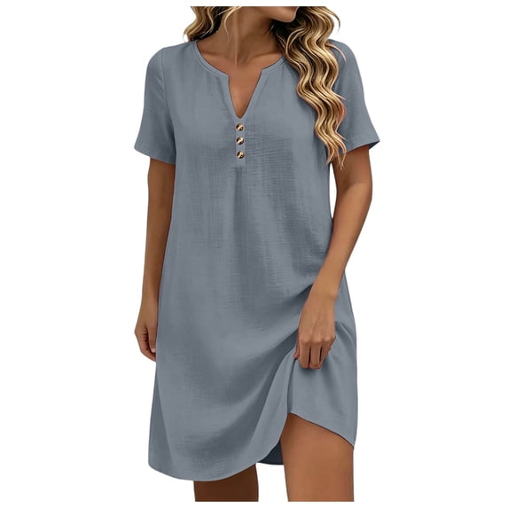 QGJZVUNL Womens Cotton Linen Summer Dresses Casual V Neck Button Down Midi Dress Beach Vacation Outfits Size 2XL