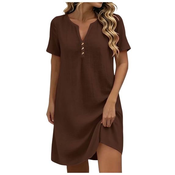 QGJZVUNL Womens Cotton Linen Summer Dresses Casual V Neck Button Down Midi Dress Beach Vacation Outfits Size S