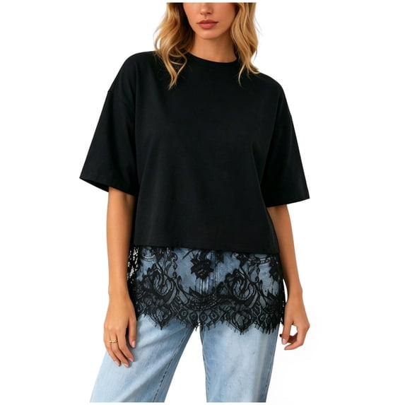 QGJZVUNL Womens Lace Tops Oversized Tshirts Basic Tees Short Sleeve Crewneck Top Summer Outfits Size L