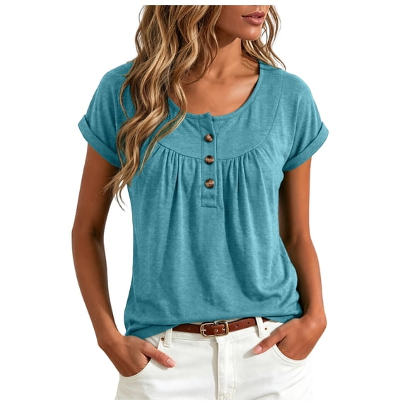 QGJZVUNL Womens Short Sleeved T Shirt Round Neck Going Out Tops with Button Casual Summer Clothes Size XL