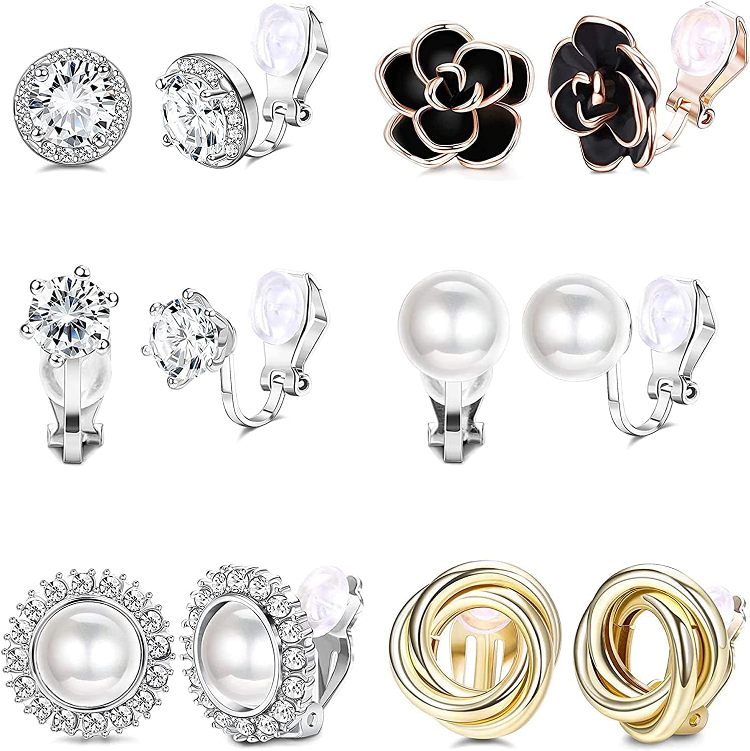 QHDDQ CZ Rose Flower Freshwater Pearl Pierced Clip On Earrings Jewelry, 6 Pairs