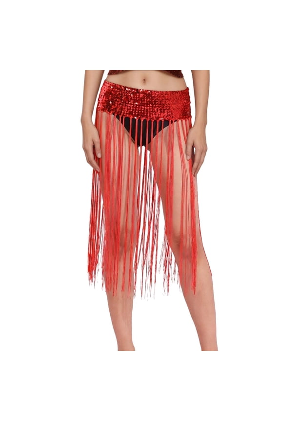 Belly Dance Sequin Waist Chain Elastic Fringe Skirt Hip Scarf Performance Costume Beaded Trims Party Festival