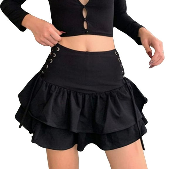 QHFBli Black Pleated Skirt with Chain Goth Punk High Waist Skater Skirts School Dark Uniform