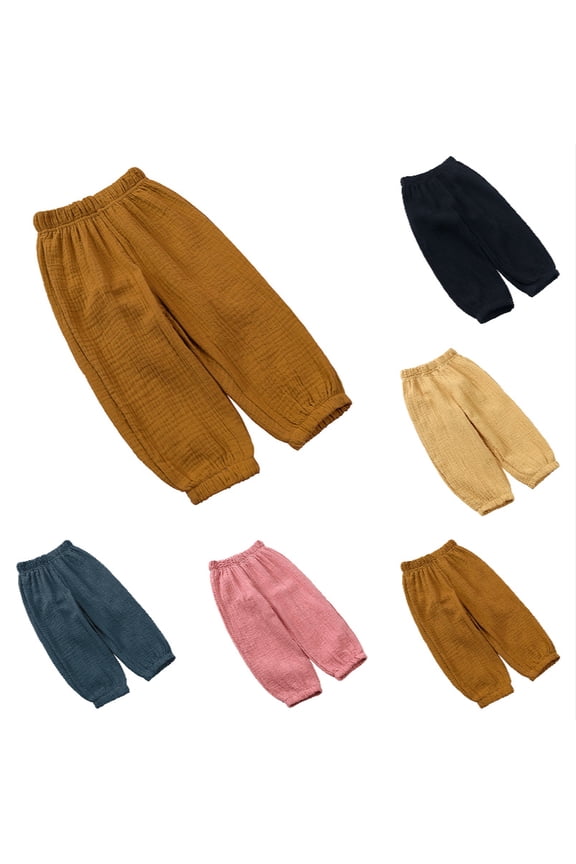 Boy Girl Linen Pants,Boys Cotton Harem Pant Girls Gauze Muslin Loose Bloomers Plain Solid Trousers Big Kids Elastic Waist Long Pants Bloomers Brown 18-24 Months