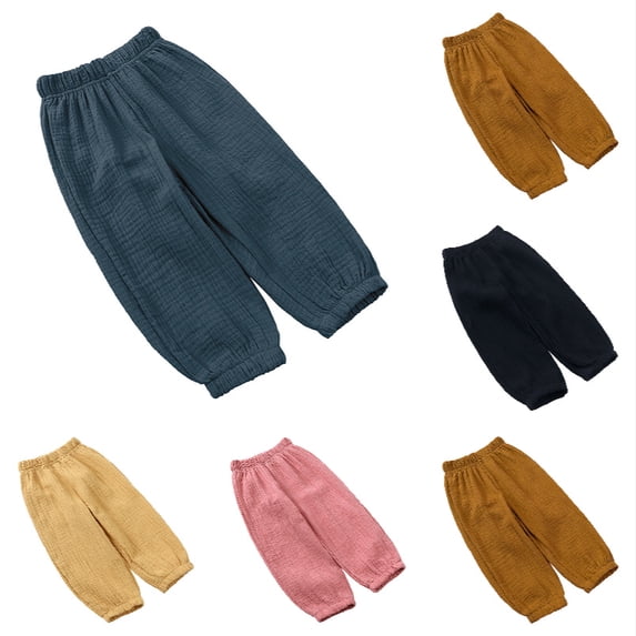 QHFBli Boy Girl Linen Pants,Boys Cotton Harem Pant Girls Gauze Muslin Loose Bloomers Plain Solid Trousers Big Kids Elastic Waist Long Pants Bloomers Navy 3-4 Years