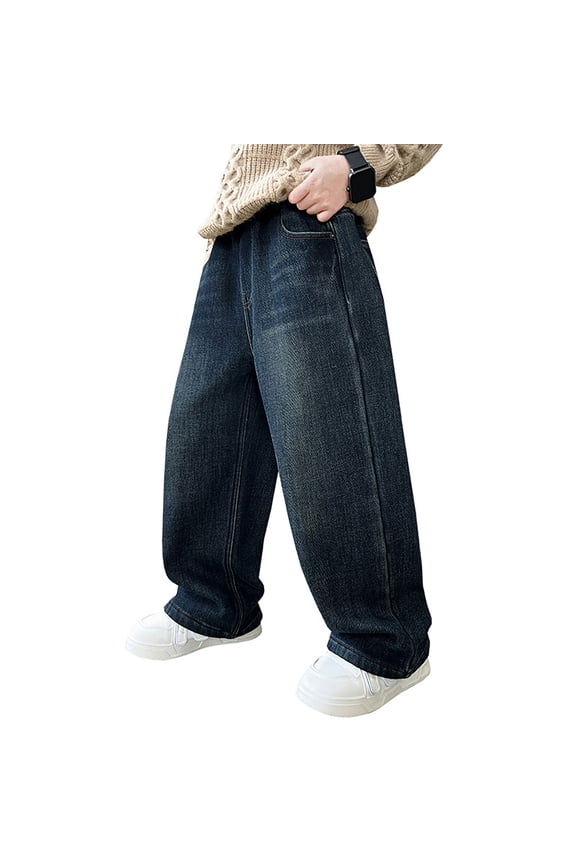 Boys Baggy Jeans for Kids Casual Straight Wide Leg Cargo Jeans Y2K Loose Elastic Waist Denim Pants with Pockets