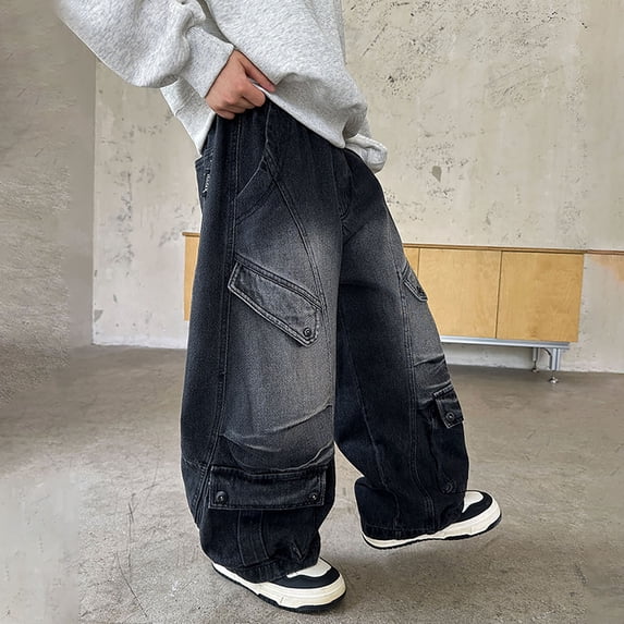 QHFBli Boys Denim Cargo Pants Kids Elastic Waist Stretch Cargo Jeans with Pockets