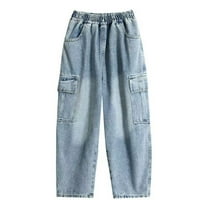 QHFBli Boys Denim Jeans Pants Casual Baggy Spring Wide Leg Cargo Pants Drawstring Elastic Waistband Loose Fit Lightweight Trousers