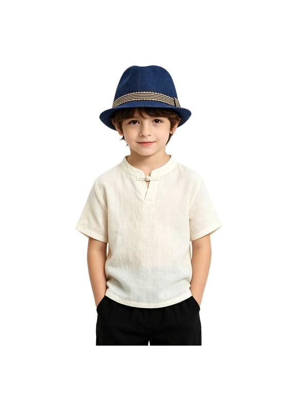 Boys Girls Casual Fedora Dress Hat, Light Woven Breathable Sun Hat for Beach Vacation Outdoor Spring Summer Activities 2-8 Years