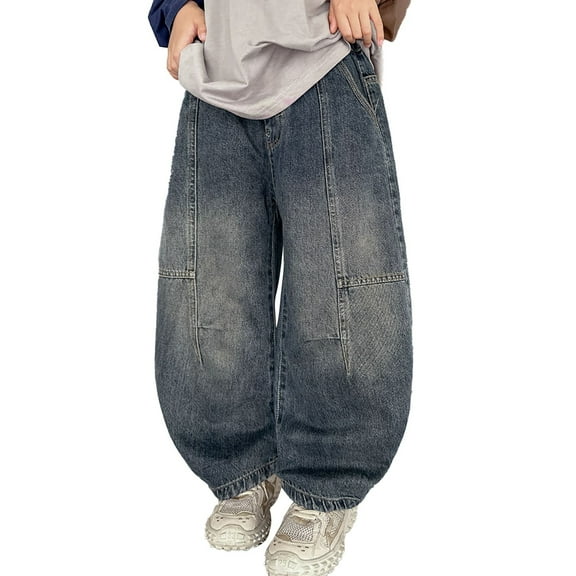 QHFBli Boys Straight Leg Baggy Jeans Kids Elastic Waist Drawstring Wide Leg Denim Pants with Pockets