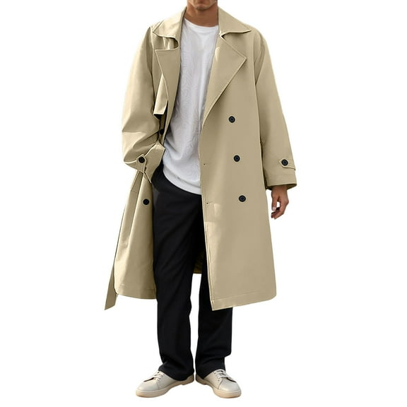 QHFBli Breathable Mens Trench Coat Men's Long Double Overcoat Solid Windproof Warm Trench Anorak Jacket For Outdoor Casual Khaki XXL