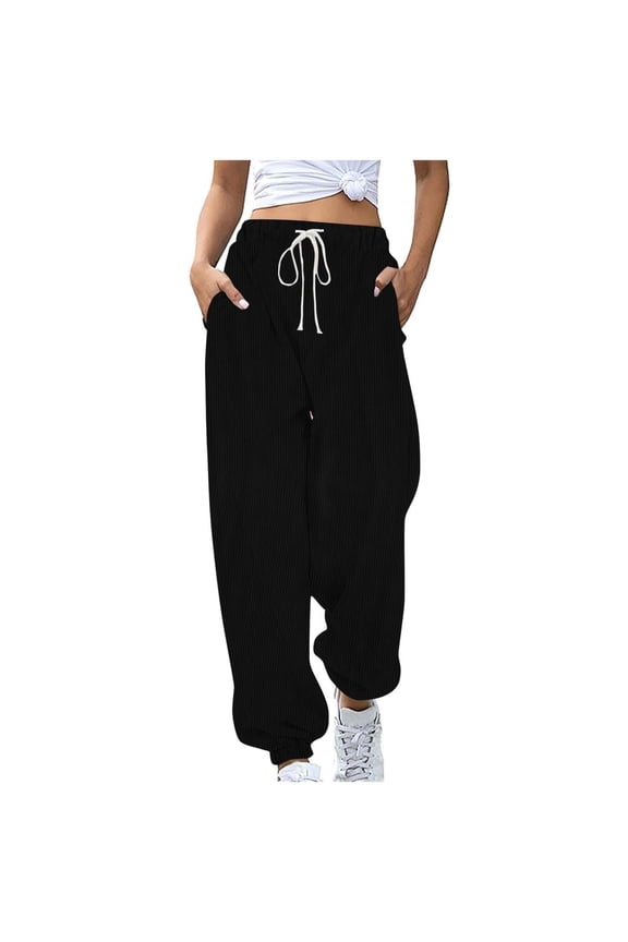 Corduroy Pants Women Casual Elastic High Waisted Drawstring Sweatpant Loose Comfy Straight Leg Lounge Pants with Pockets
