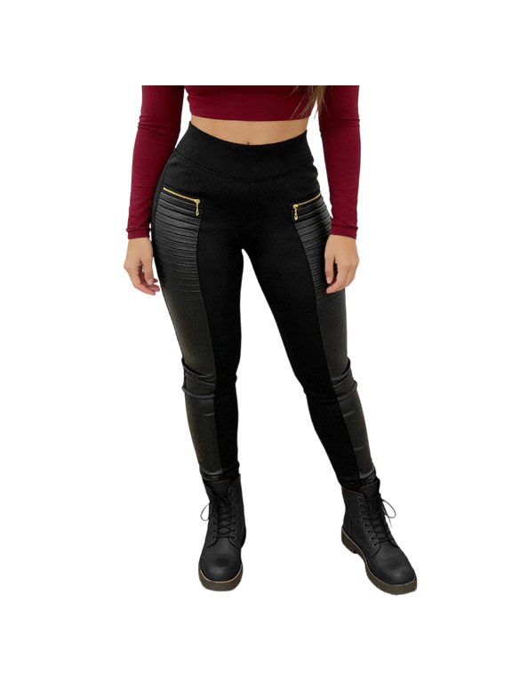 Leather Leggings for Women Tummy Control High Waisted Motorcycle Leggings Women with Pockets Patch Zip