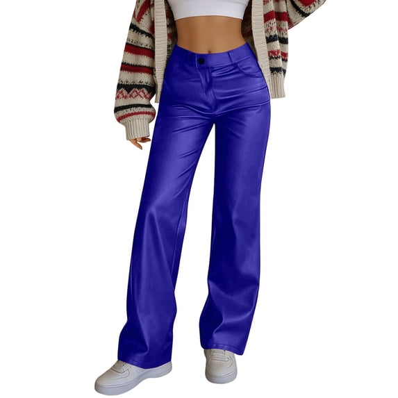 QHFBli Faux Leather Pants High Waist Coated PU Button Straight Leather Black Leggings Wide Leg Pants with Pockets