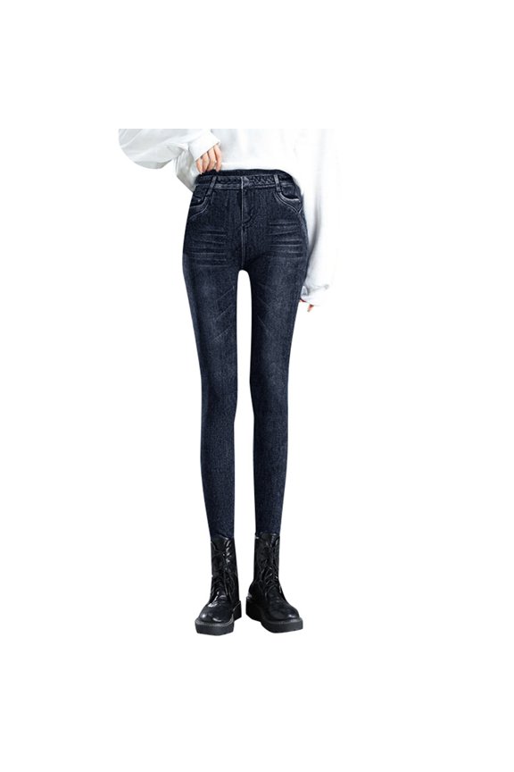 Lined Leggings for Women Women High Waist Lined Leggings with Elastic Imitation Denim Design and Functional Pockets for All