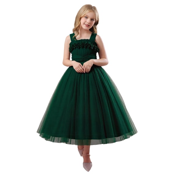 QHFBli Flower Girl Wedding Dress Tulle Long A Line Holiday Birthday Party Ball Gown Girls Formal Pageant Maxi Dresses Dark Green 12-13 Years