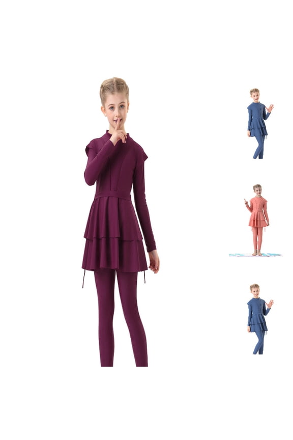 Girls' 3 Piece Full Coverage Swimwear Set, Long Sleeve Top Full Length Pants Matching Head Covering Sun Protection Quick Dry Swimsuit Red 4-5 Years