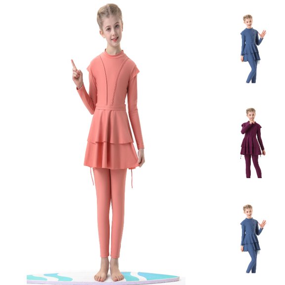 QHFBli Girls' 3 Piece Full Coverage Swimwear Set, Long Sleeve Top Full Length Pants Matching Head Covering Sun Protection Quick Dry Swimsuit Watermelon Red 8-9 Years