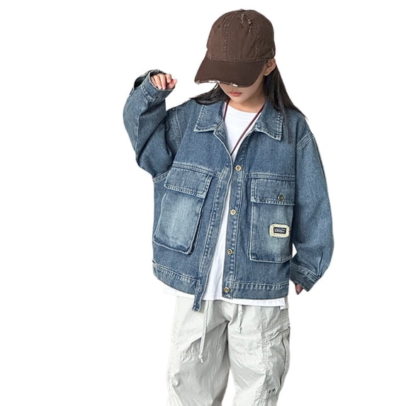 QHFBli Girls Denim Jackets, Basic Oversized Jean Jacket for Girls Fall Outwear Button Down Trucker Jacket