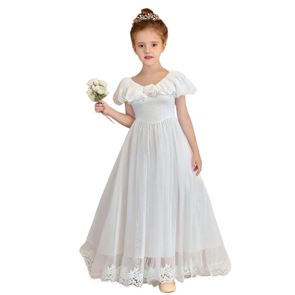 QHFBli Girls Dresses White Flower Girl First Communion Dress Toddler Eyelet Cutout Ruffle A-line Birthday Party Pageant Gowns
