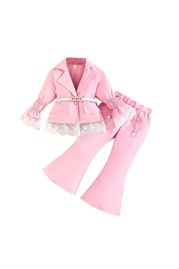 Girls Formal Wear 2 Piece Outfits Button Ruffle Hem Puff Sleeve Blazer and Flare Pants Suit Set Pink 2-3 Years