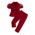 thumbnail image 1 of QHFBli Girls Formal Wear 2 Piece Outfits Button Ruffle Hem Puff Sleeve Blazer and Flare Pants Suit Set Red 2-3 Years, 1 of 5