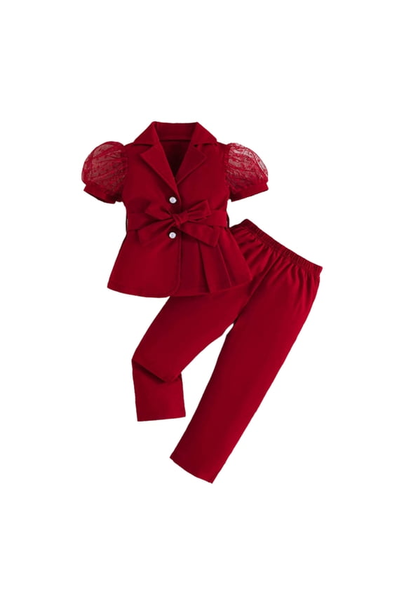 Girls Formal Wear 2 Piece Outfits Button Ruffle Hem Puff Sleeve Blazer and Flare Pants Suit Set Red 6-7 Years