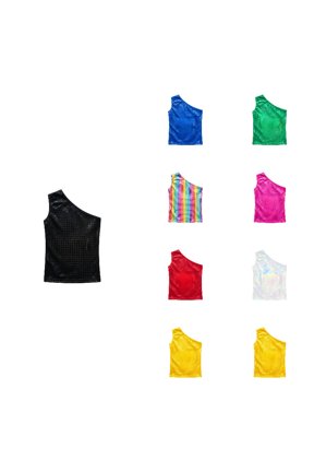 Girls Grid Sequin Tops, One-Shoulder Shiny Sleeveless Shirts, Festival & , Breathable Dancewear Black 7-10 Years