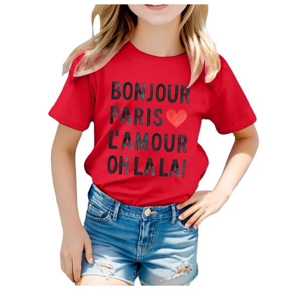 QHFBli Girls I Love France | French Flag Heart Outfit T-Shirt Red 10-11 Years